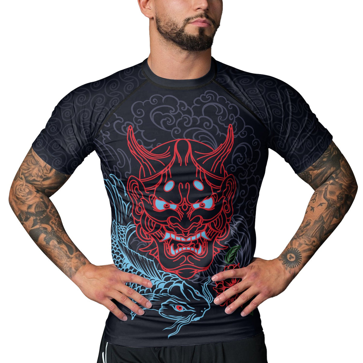 Rashninja Red Samurai Mask with Blue Koi Men's Short Sleeve Rash Guard
