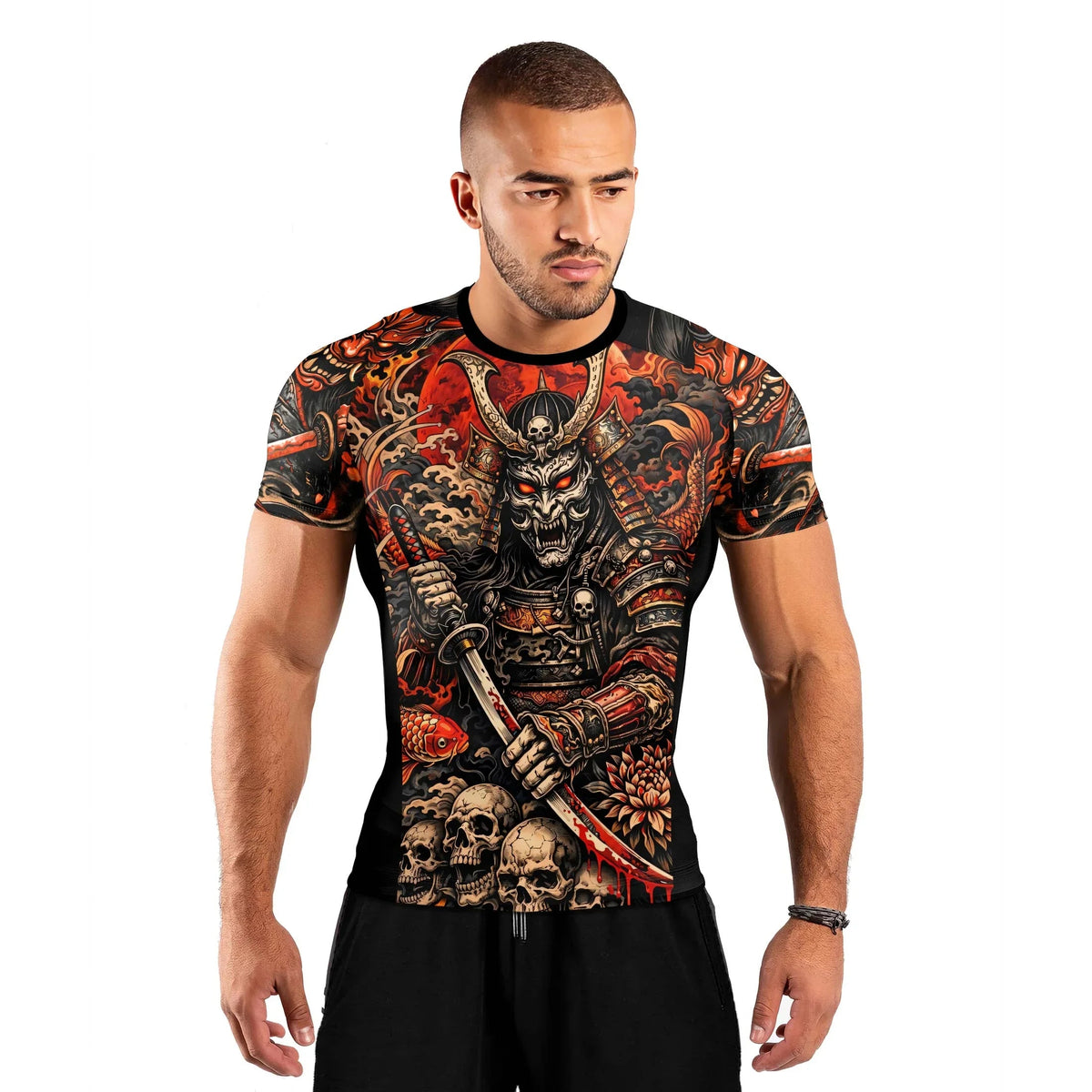 Blood Skull Samurai Men's Short Sleeve Rash Guard