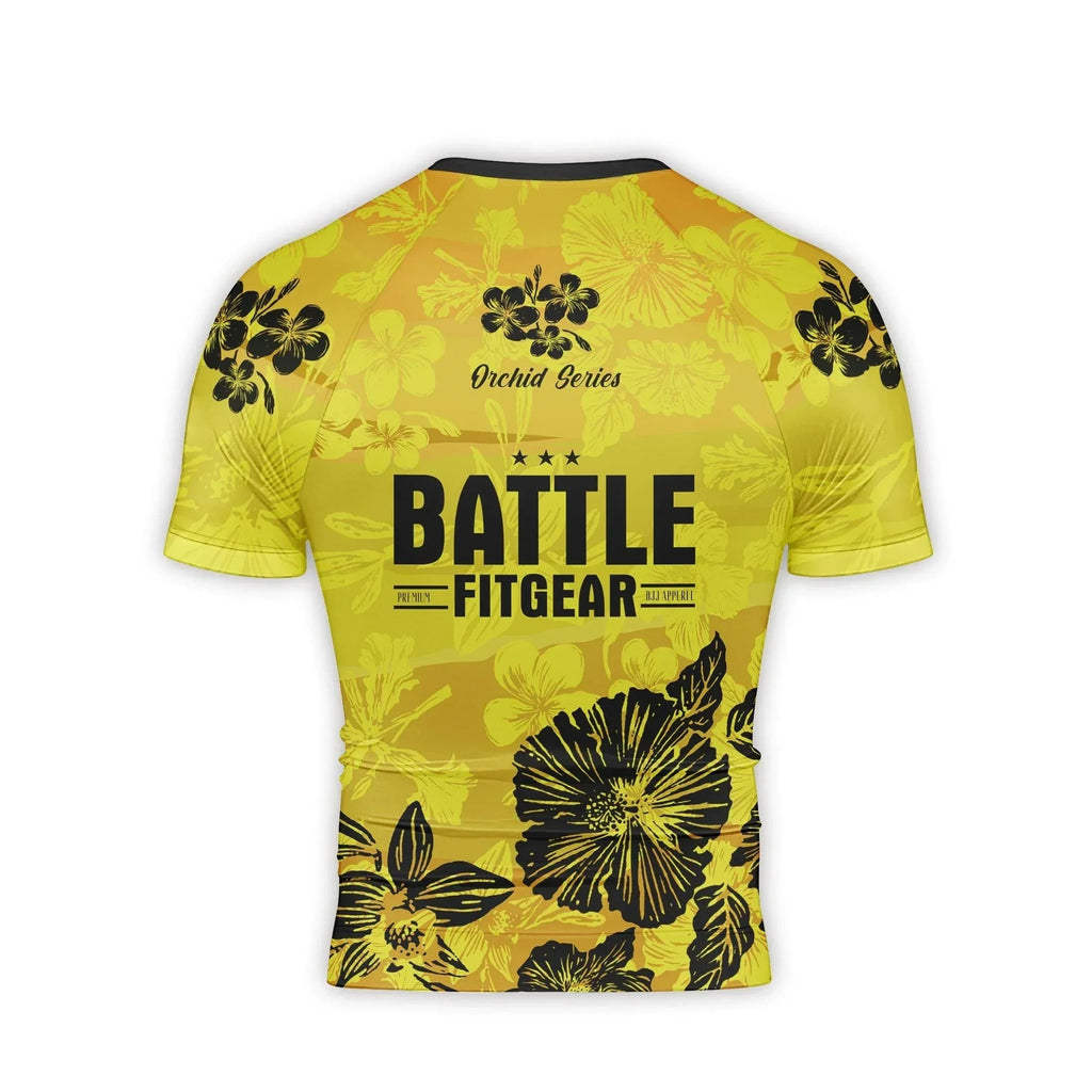 Orchid Series Floral Yellow Heart Pattern Men's Short Sleeve Rash Guard