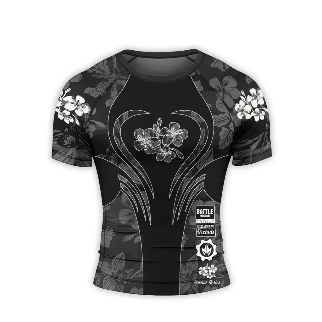 Orchid Series Floral Black Heart Pattern Men's Short Sleeve Rash Guard