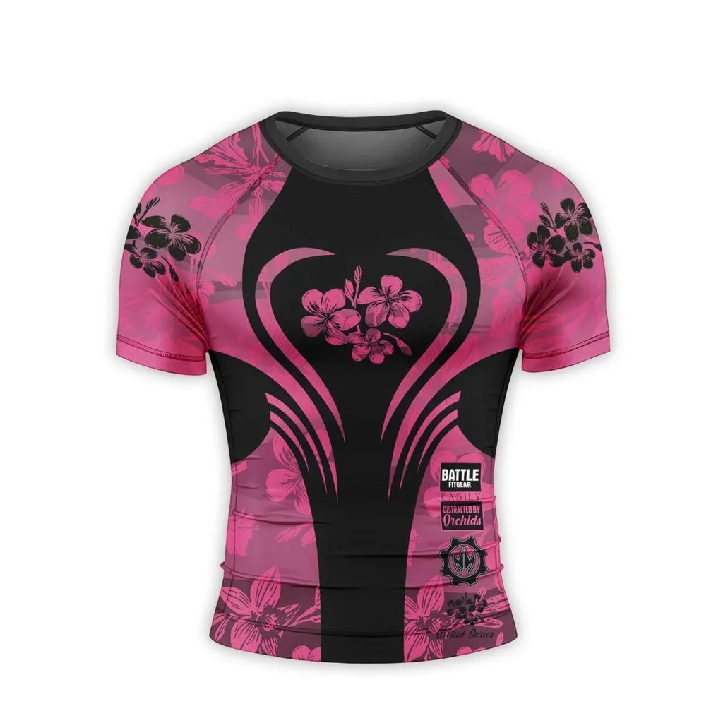 Orchid Series Floral Pink Heart Pattern Men's Short Sleeve Rash Guard