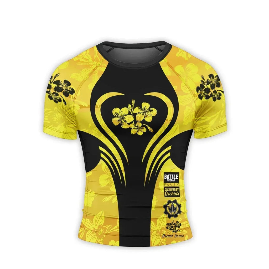 Orchid Series Floral Yellow Heart Pattern Men's Short Sleeve Rash Guard