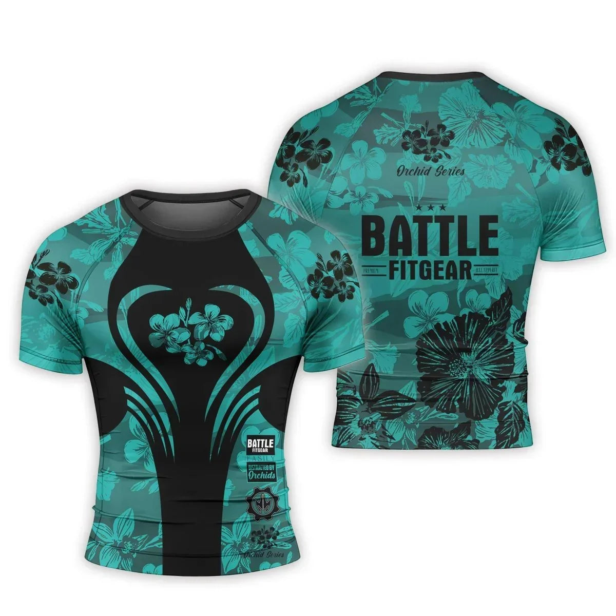 Orchid Series Floral Teal Heart Pattern Men's Short Sleeve Rash Guard