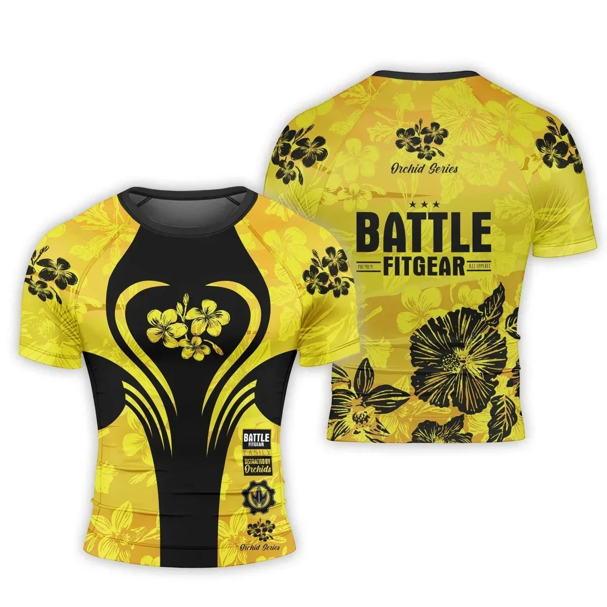 Orchid Series Floral Yellow Heart Pattern Men's Short Sleeve Rash Guard
