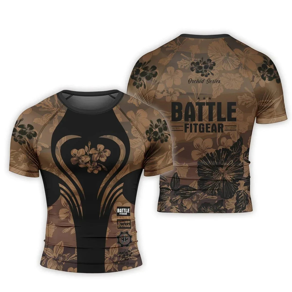 Orchid Series Floral Brown Heart Pattern Men's Short Sleeve Rash Guard