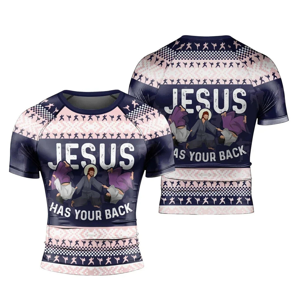 Jesus Has Your Back Men's Short Sleeve Rash Guard