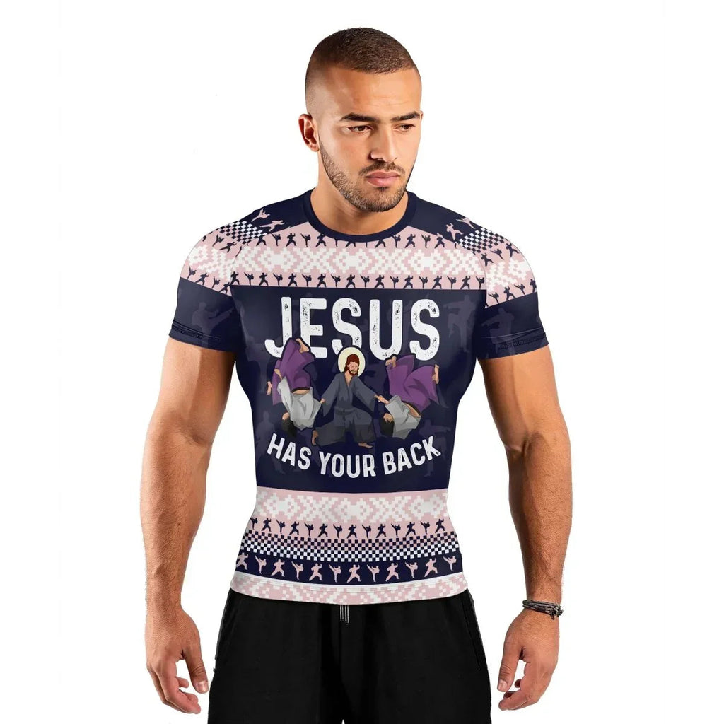 Jesus Has Your Back Men's Short Sleeve Rash Guard