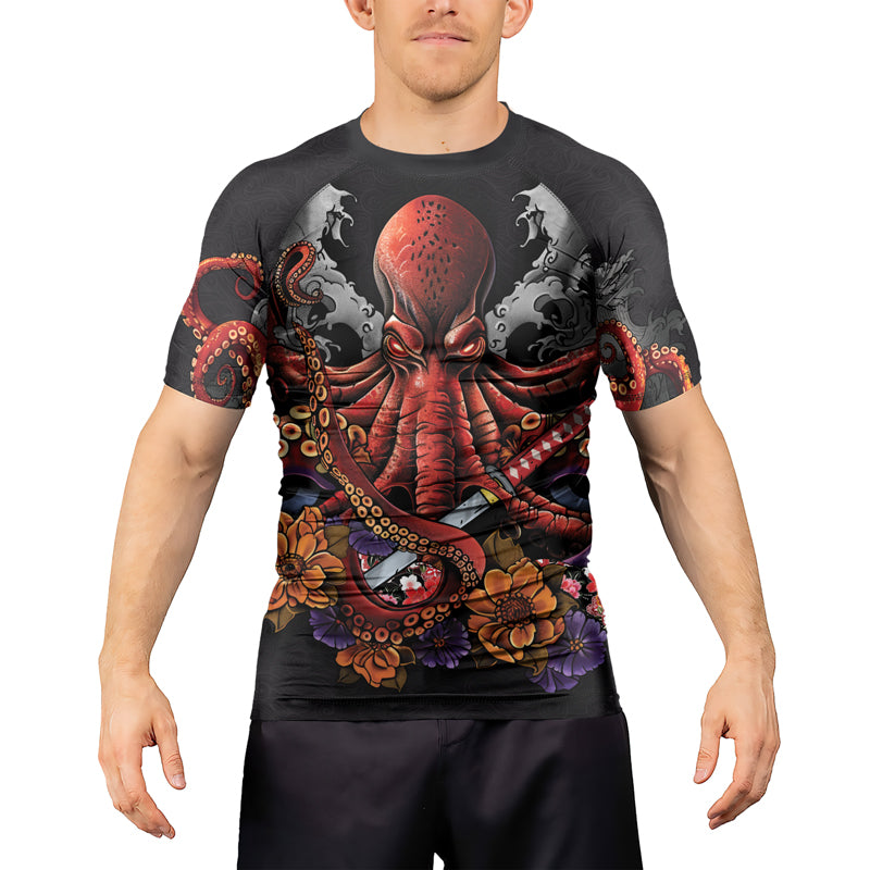 Rashninja Octopus Black Red Men's Short Sleeve Rash Guard