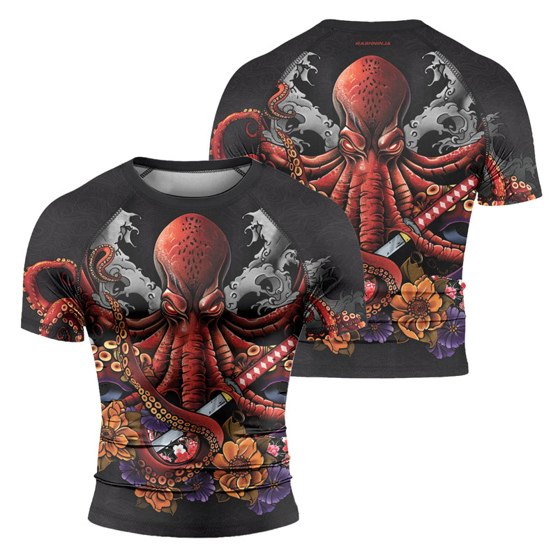 Rashninja Octopus Black Red Men's Short Sleeve Rash Guard