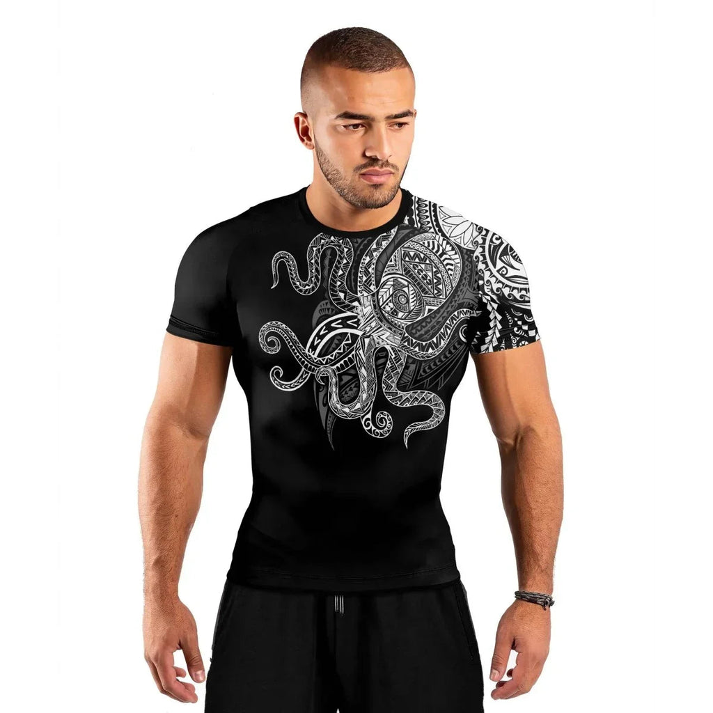 Octopus Tribal Tattoo Men's Short Sleeve Rash Guard