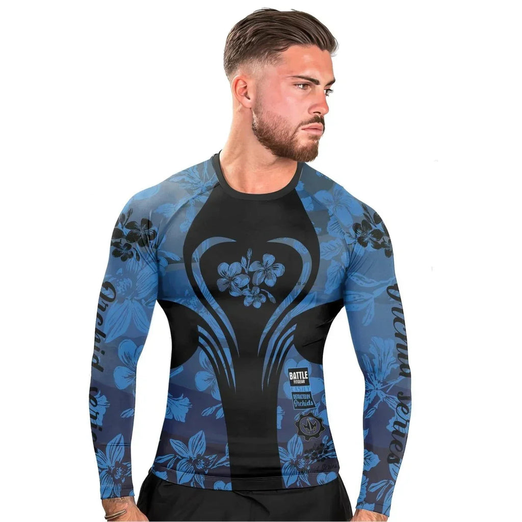 Orchid Series Floral Blue Heart Pattern Men's Long Sleeve Rash Guard