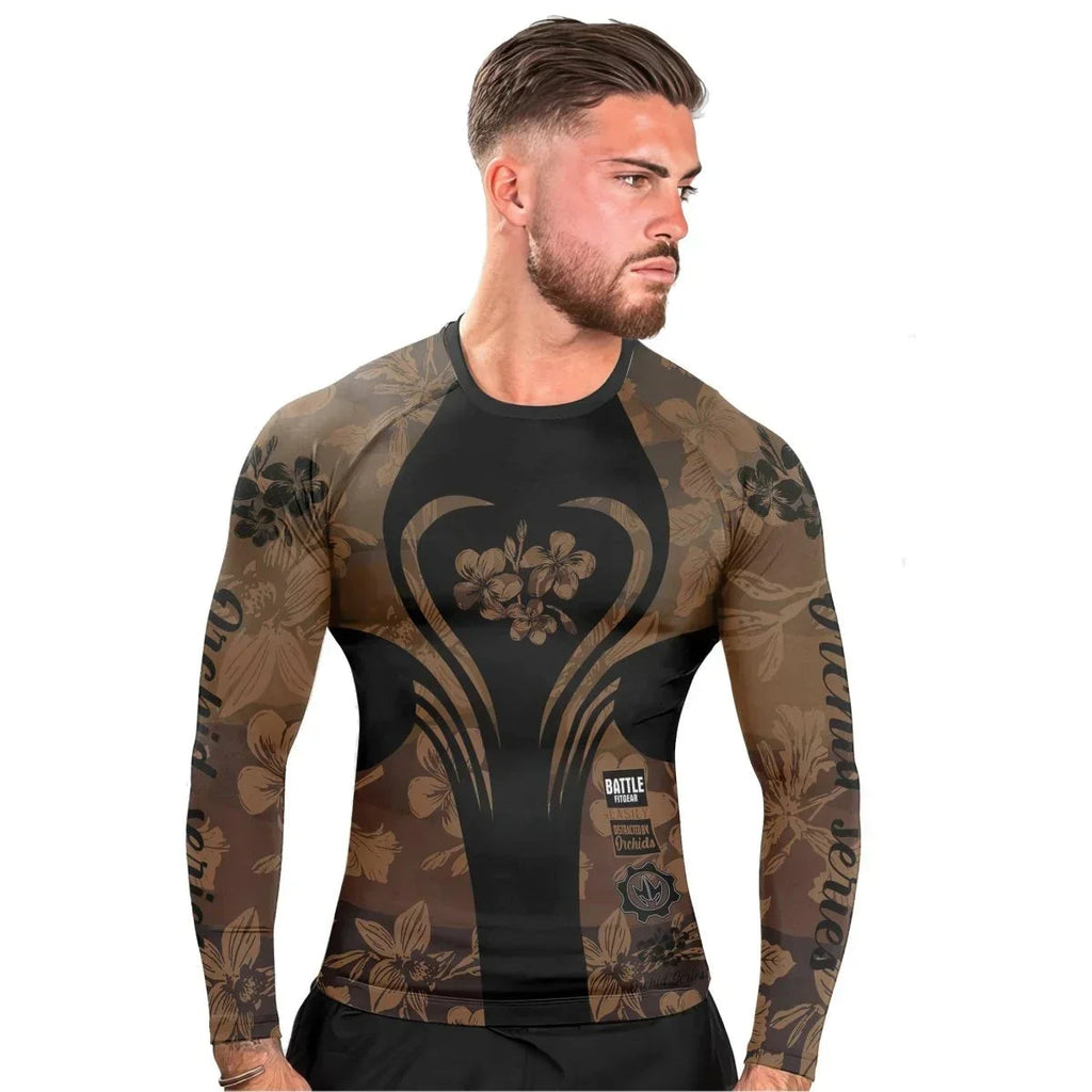 Orchid Series Floral Brown Heart Pattern Men's Long Sleeve Rash Guard