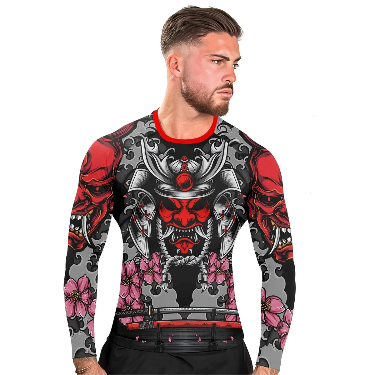 Red Oni Blossom Men's Long Sleeve Rash Guard