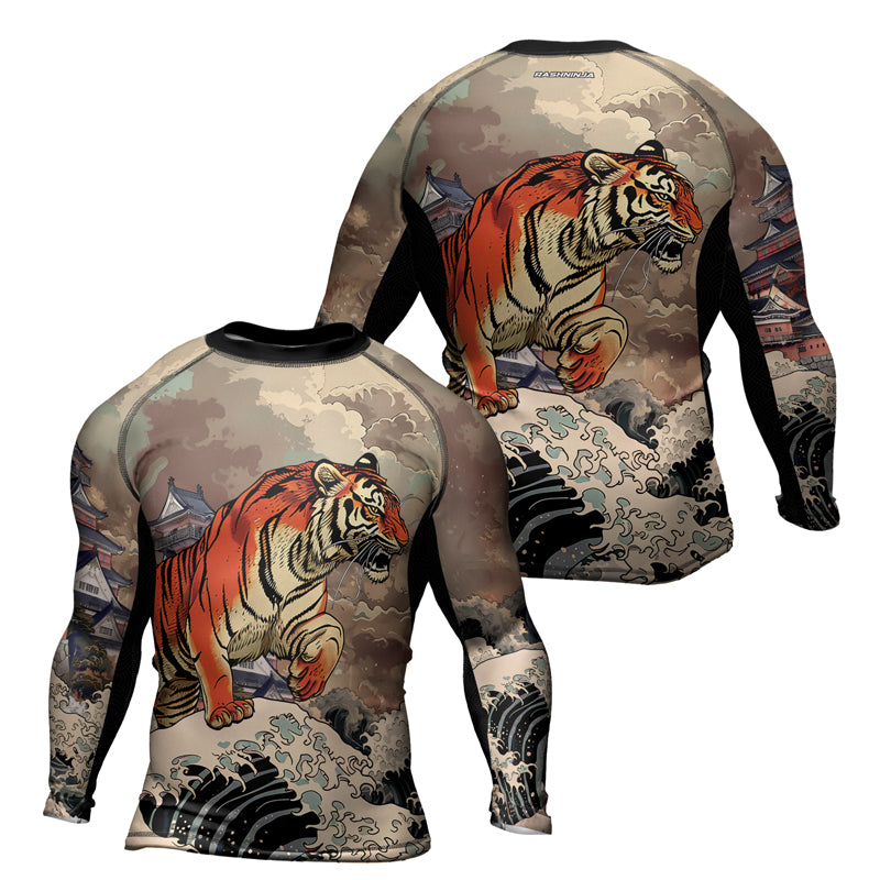 Rashninja Tiger Temple Wave Black Orange Men's Long Sleeve Rash Guard