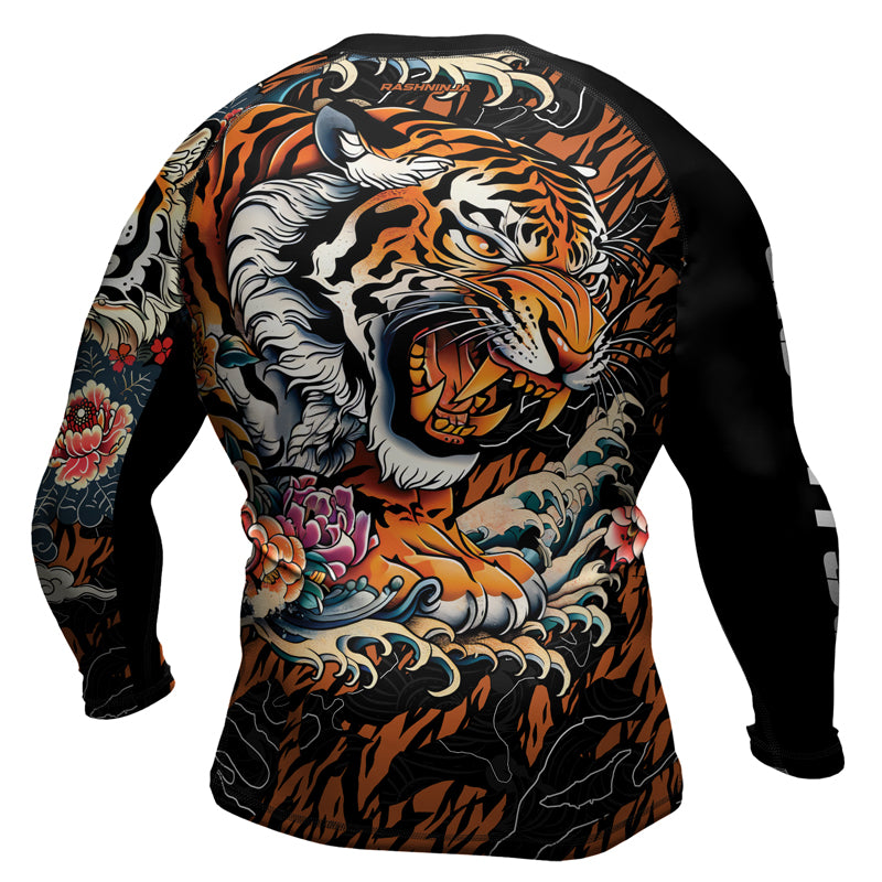 Rashninja Tiger Wave Black Orange Men's Long Sleeve Rash Guard