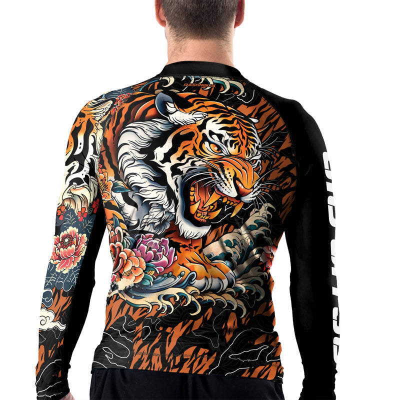 Rashninja Tiger Wave Black Orange Men's Long Sleeve Rash Guard