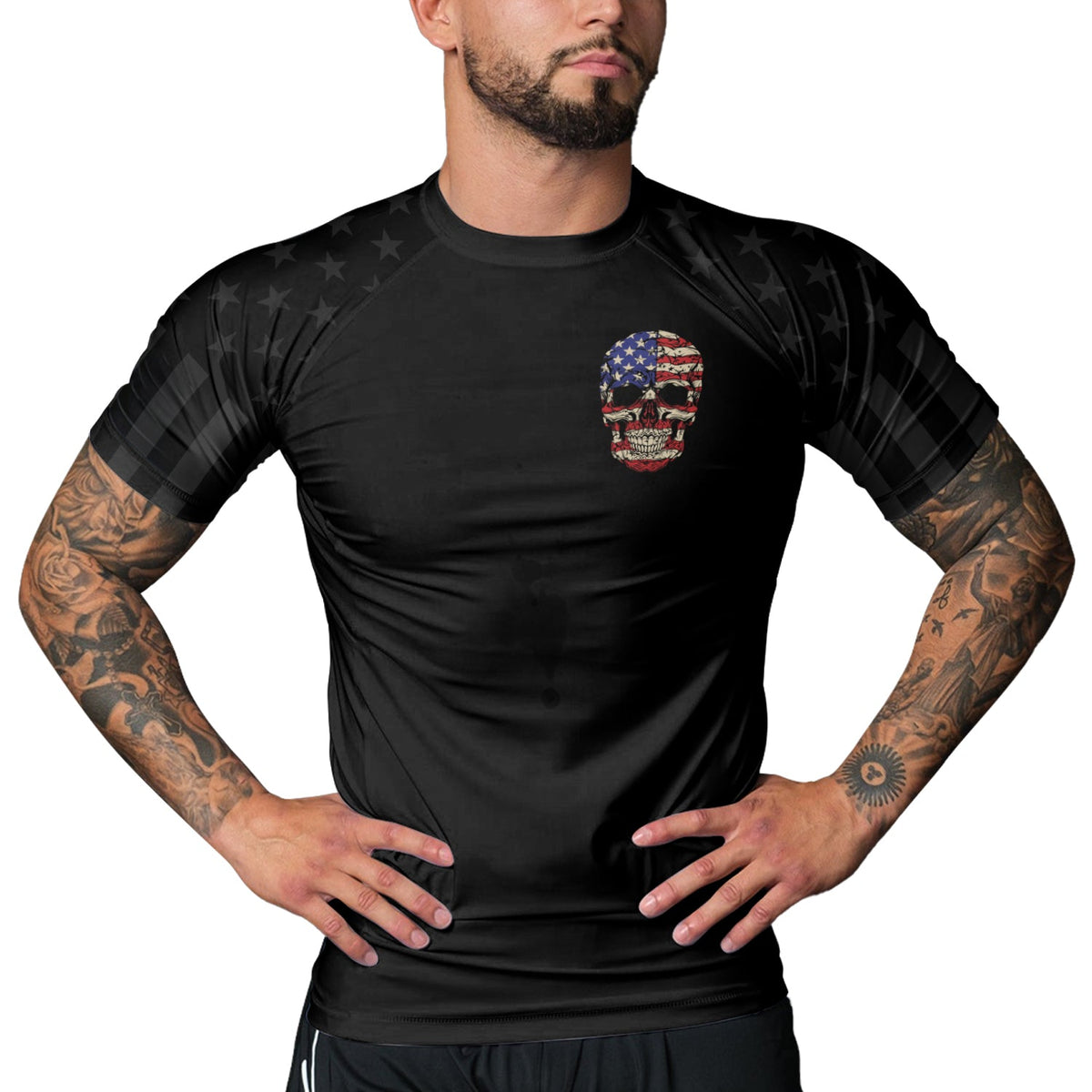 Rashninja Patriotic Skull Stripes Men's Short Sleeve Rash Guard