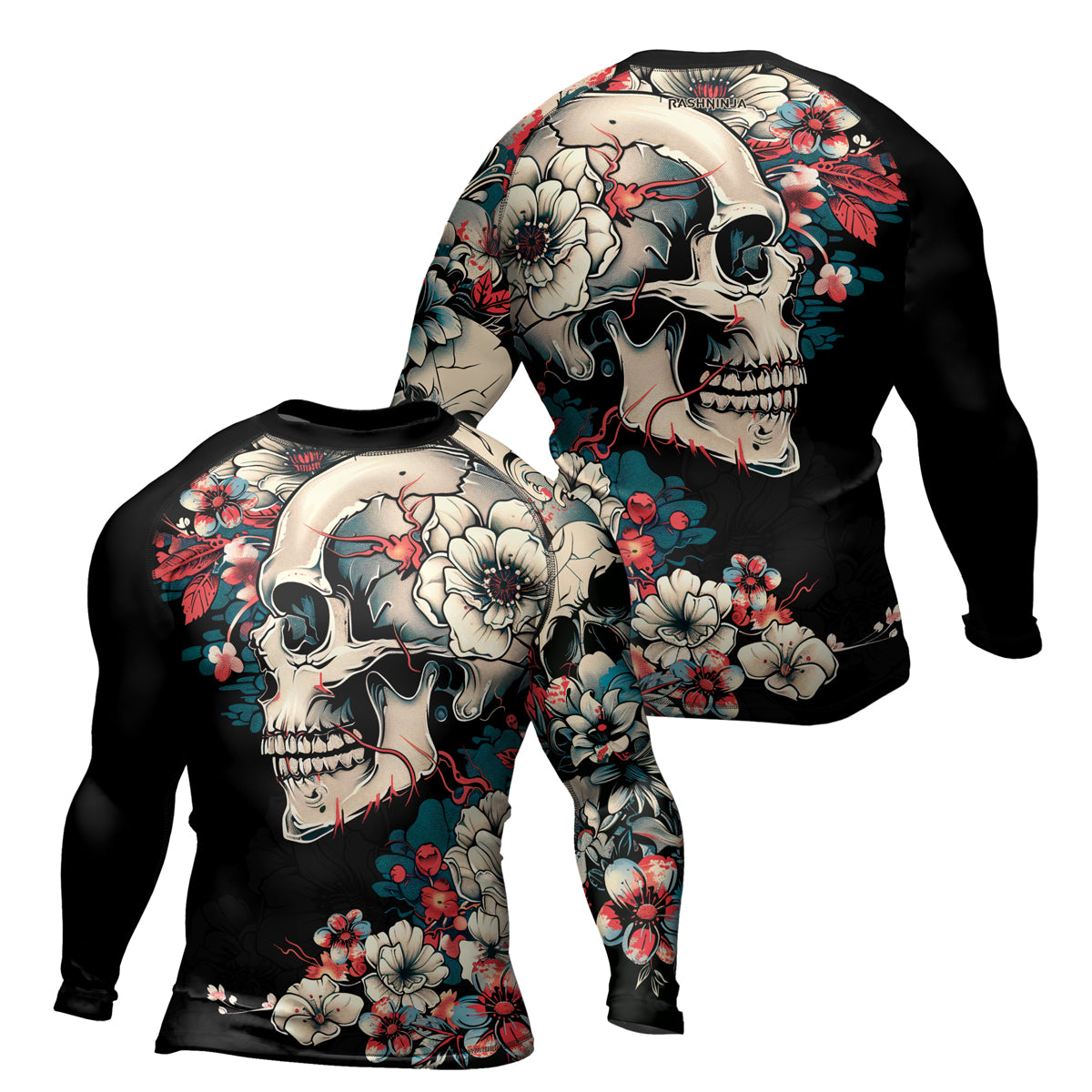 Rashninja Halloween Skull Blossom Men's Long Sleeve Rash Guard
