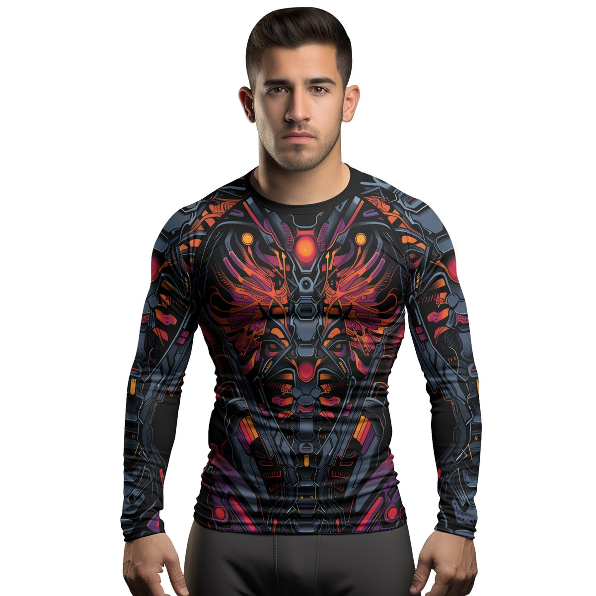Rashninja Cyber Biomechanic Orange Pink Men's Long Sleeve Rash Guard