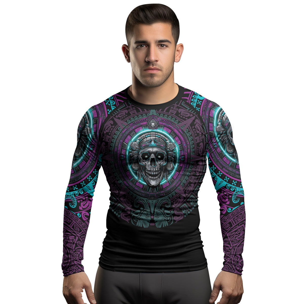 Rashninja Aztec Sun Stone Skull Men's Long Sleeve Rash Guard