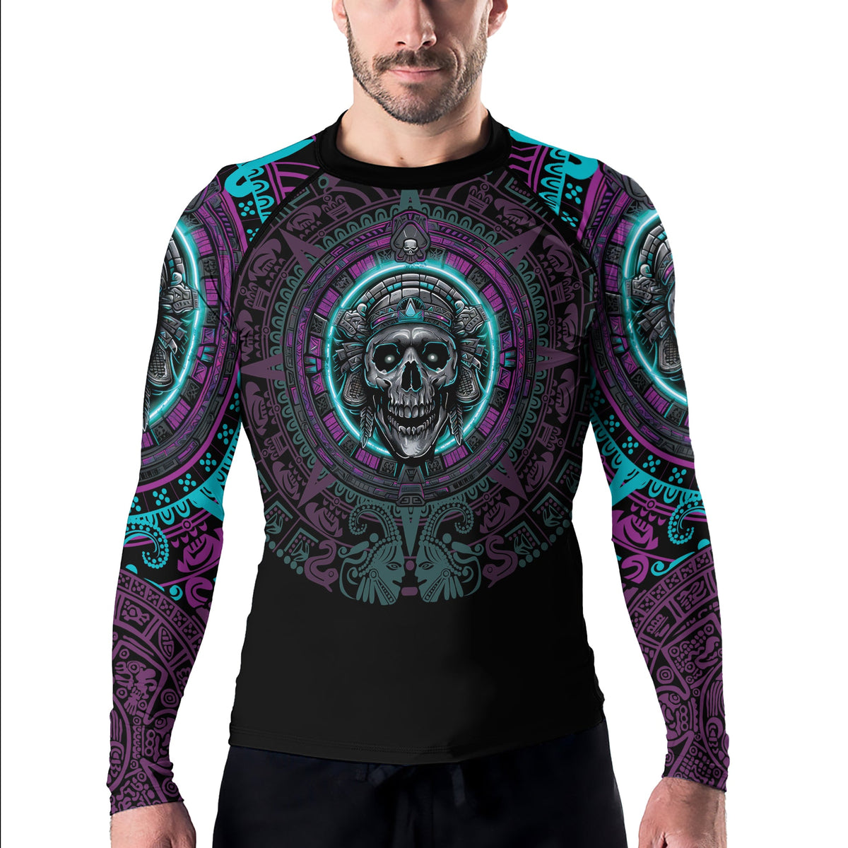 Rashninja Aztec Sun Stone Skull Men's Long Sleeve Rash Guard
