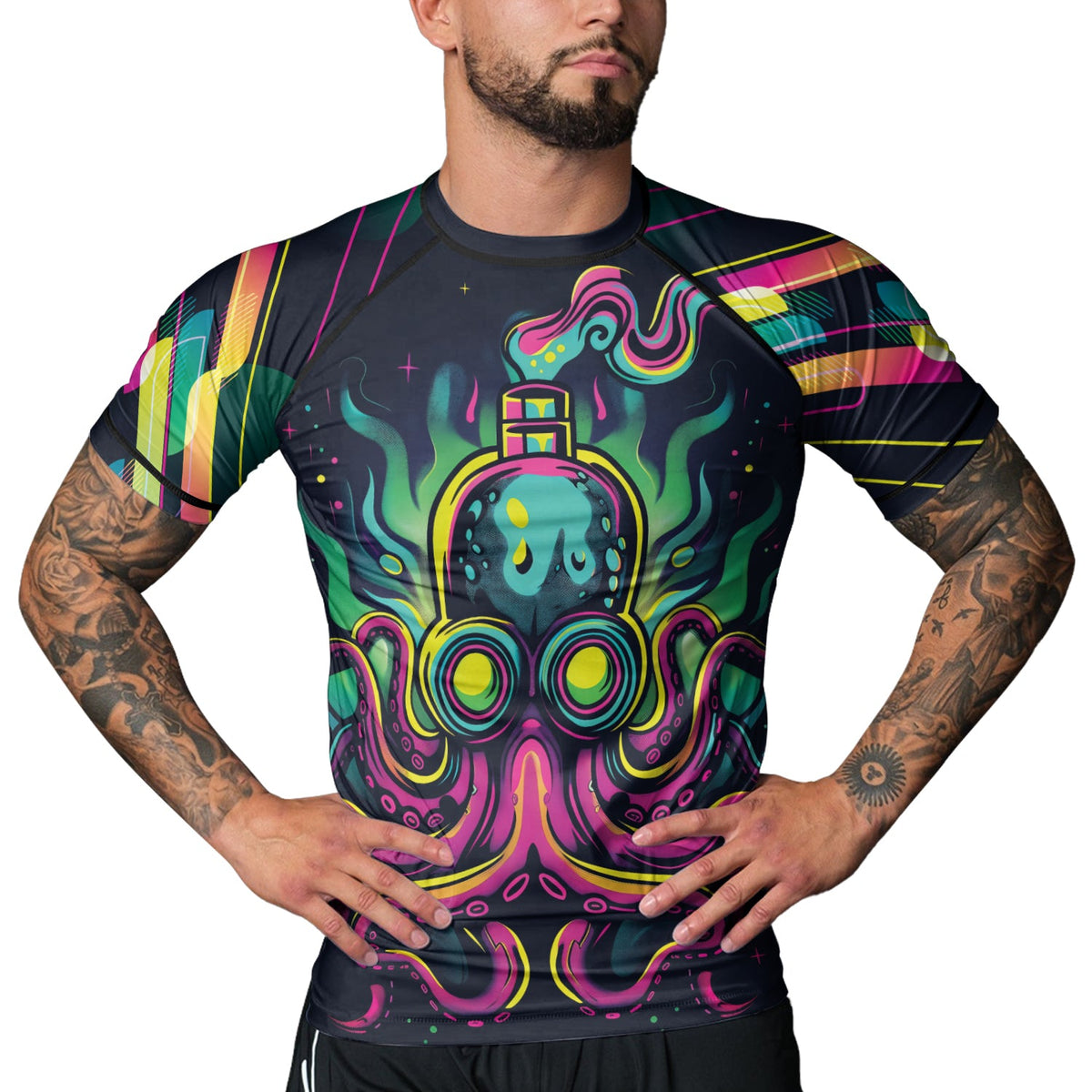 Rashninja Octopus Green Purple Men's Short Sleeve Rash Guard