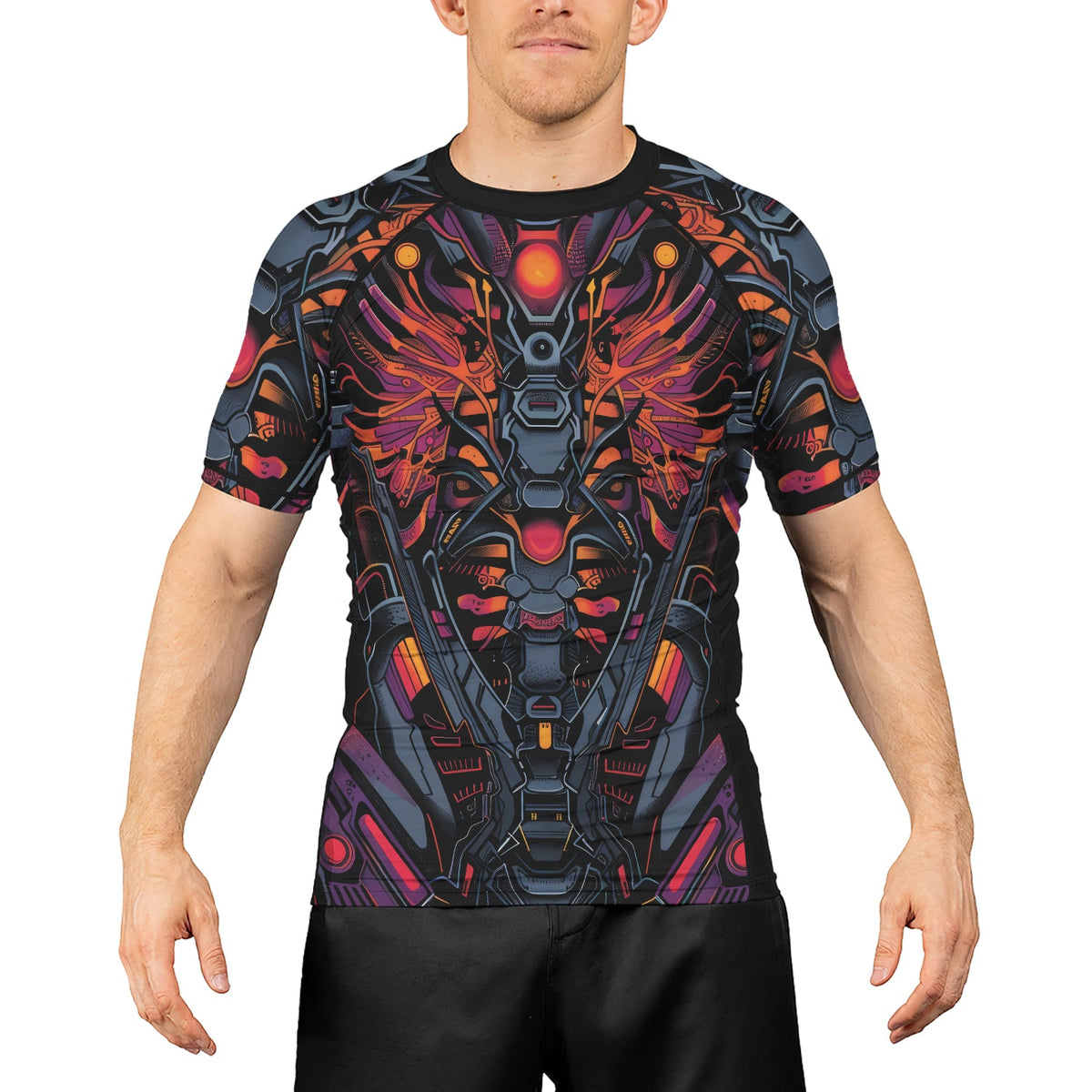 Rashninja Cyber Biomechanic Orange Pink Men's Short Sleeve Rash Guard