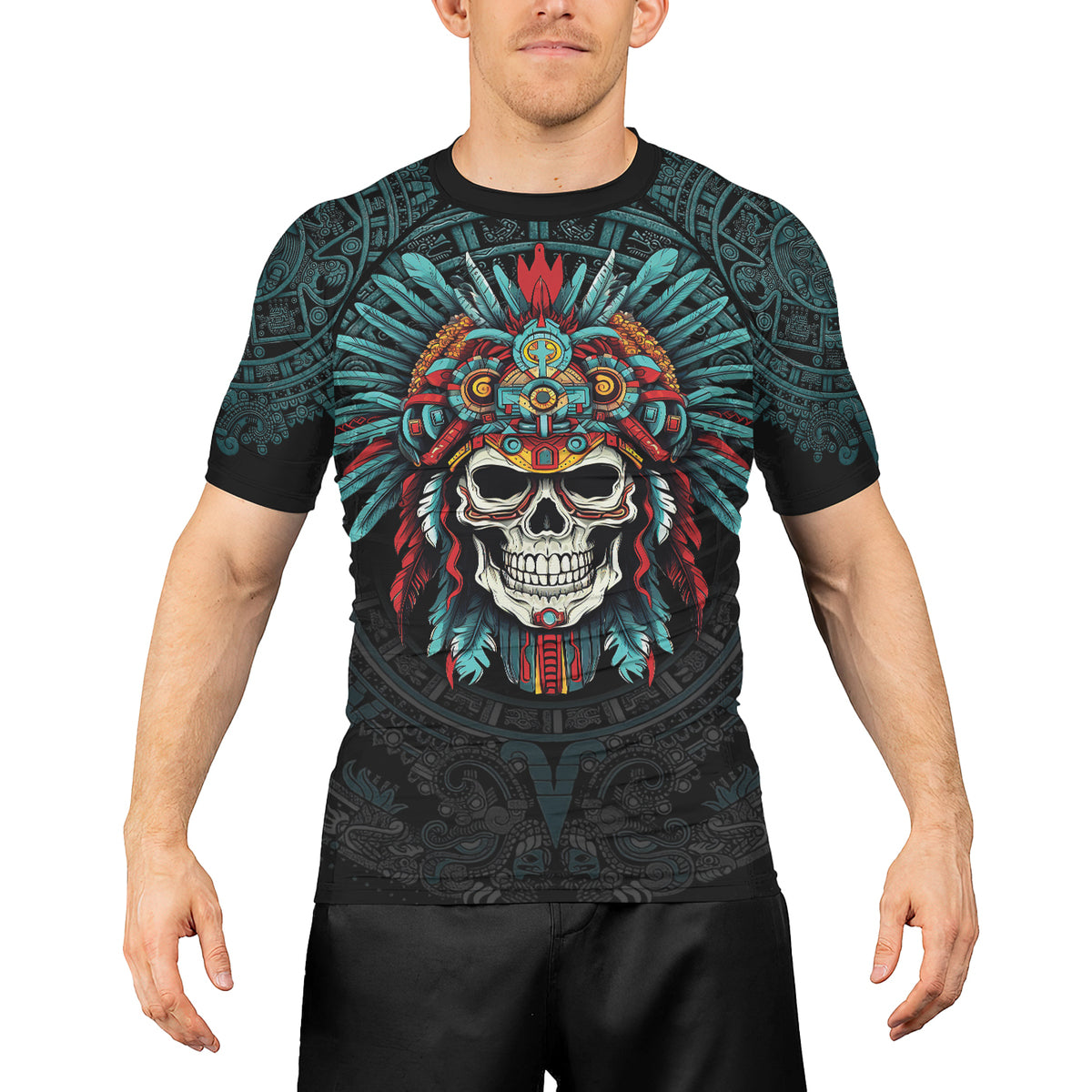 Rashninja Aztec Chief Cranium Men's Short Sleeve Rash Guard